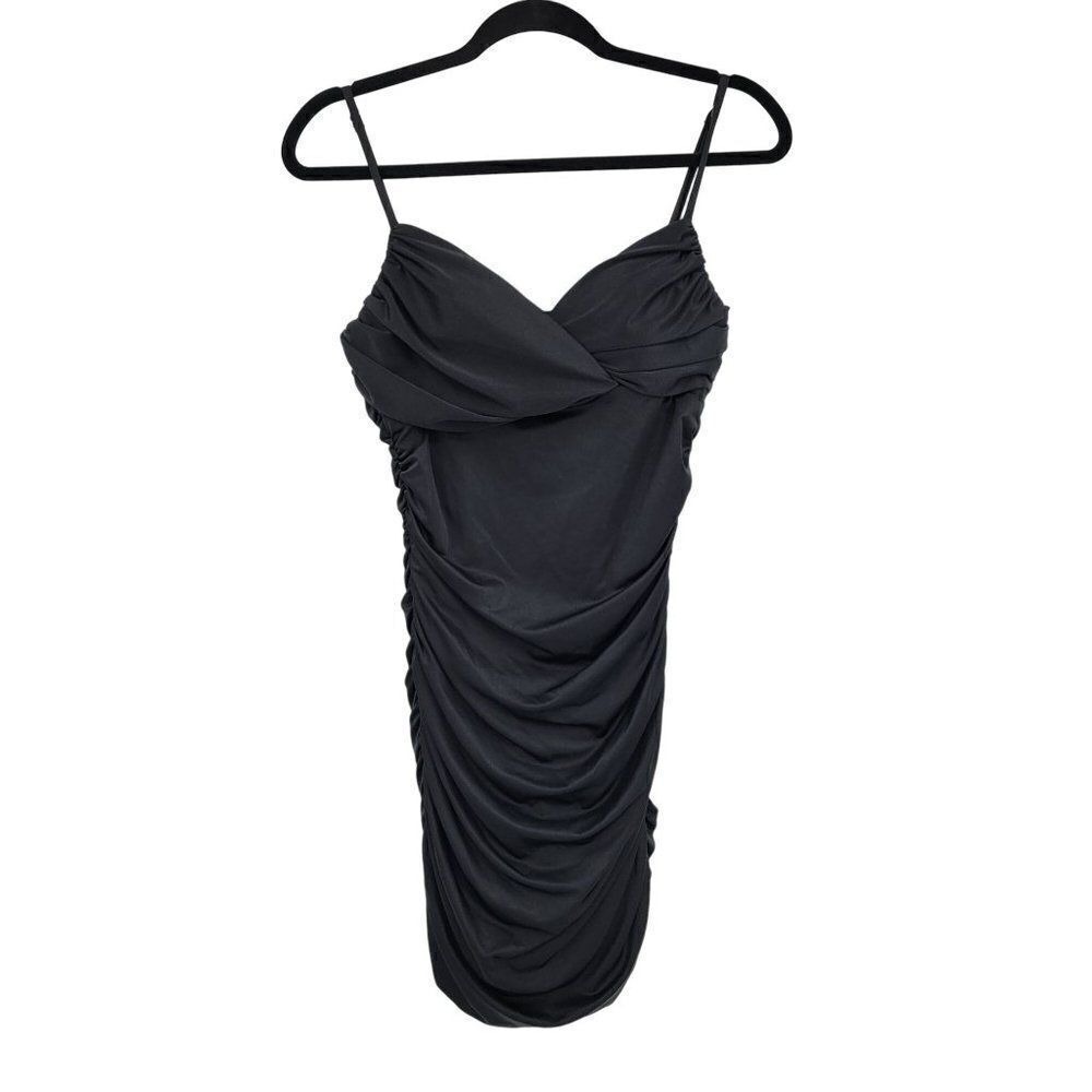 Vtg 80s Rubber Ducky Little Black Dress Sz M Satin Ruched Bodycon Party Goth LBD